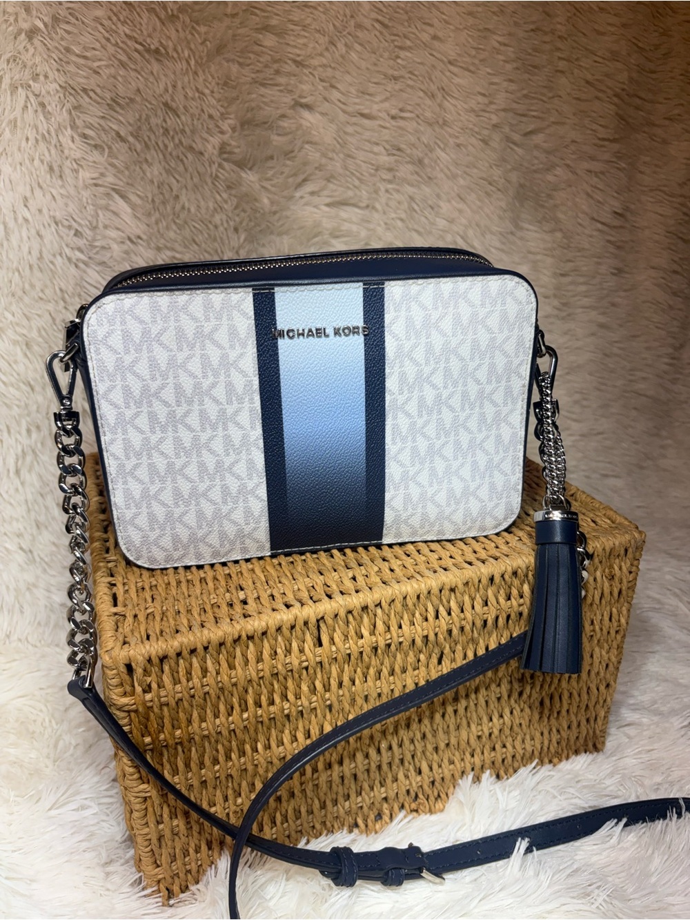 Michael Kors White and Navy Signature Stripe Crossbody Camera Bag